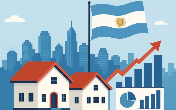 Mercado inmobiliario Argentina con edificios residenciales y grúas en construcción